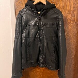 Black Hooded Bomber Jacket Motorcycle Jacket Faux Leather